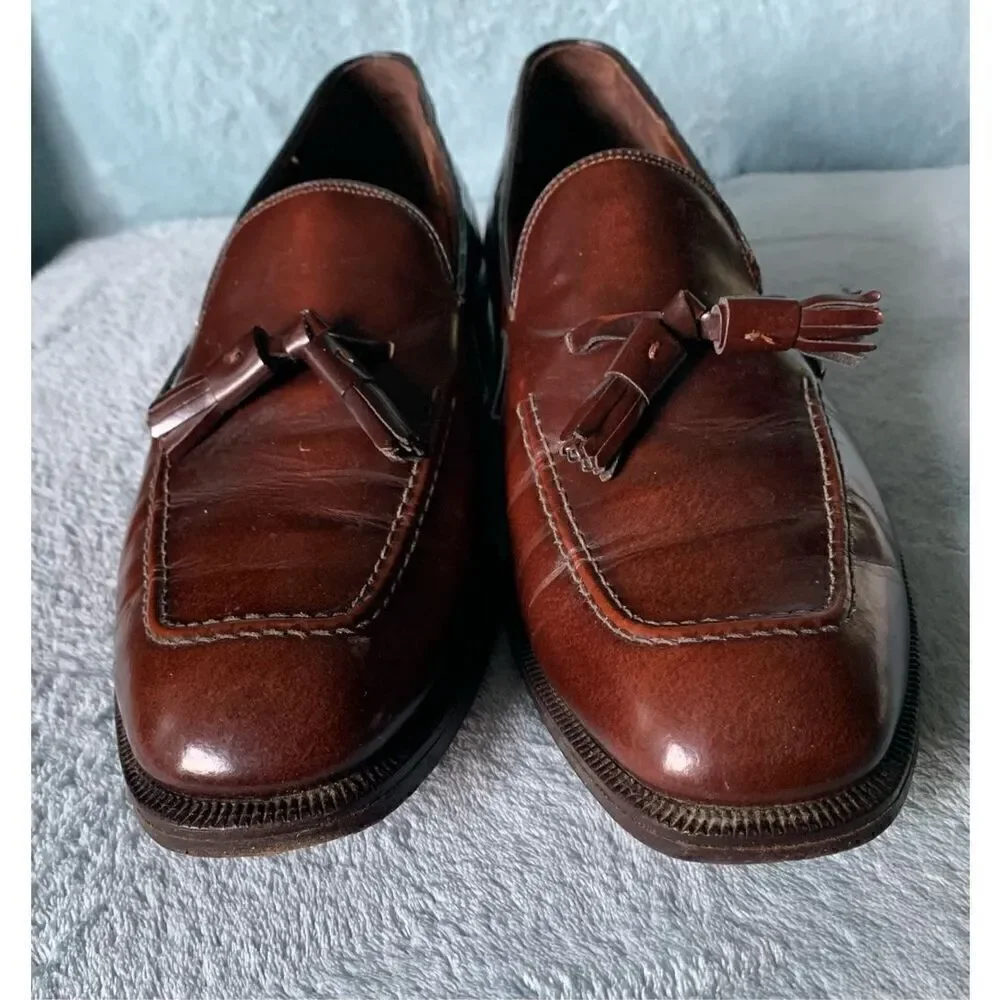 Johnston & Murphy Brown Square Toe TASSLE Leather Dress Shoes mens 9.5 D